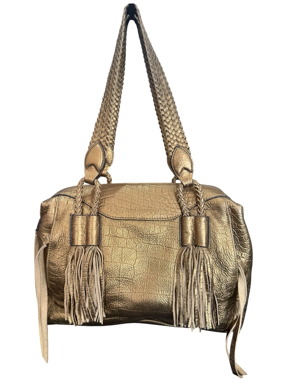 Aimee Kestenberg Metallic Gold Braided-Handle Shoulder Bag with Tassels